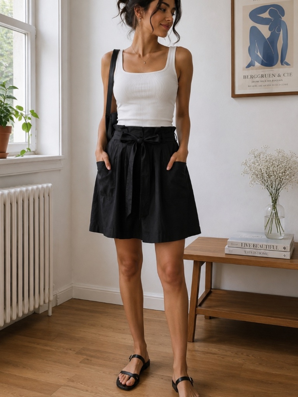 Theory Peruvia Black Cotton Paperbag Tie Waist Pocket Skirt Size 2
